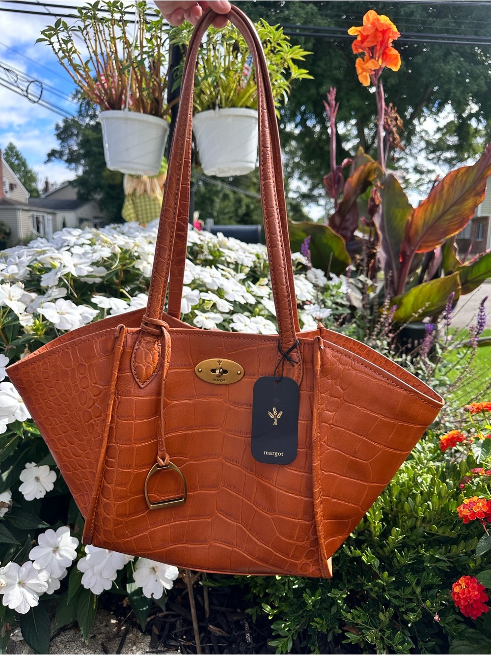 Margot Phoebe Medium Tote Croc-Embossed Cognac Leather